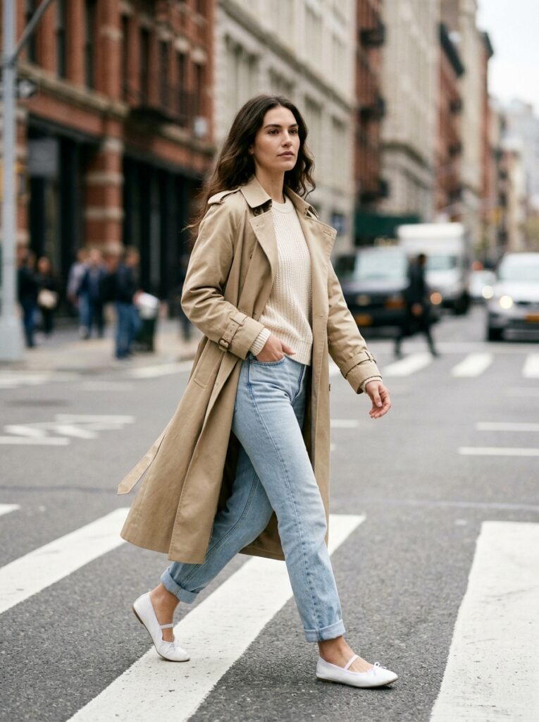 trench coat over light wash jeans with ballet sneakers