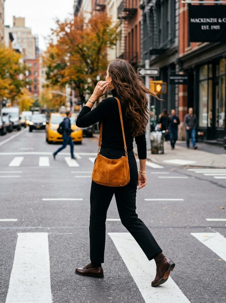 caramel suede shoulder bag with all black outfit