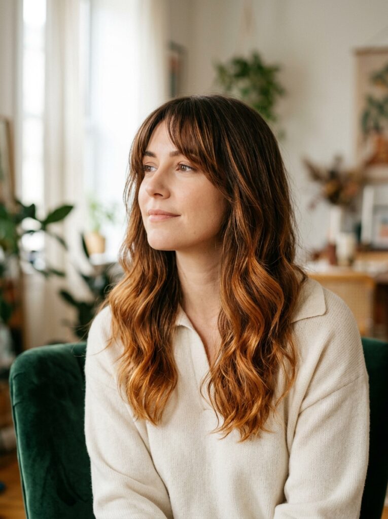 copper balayage with curtain bangs