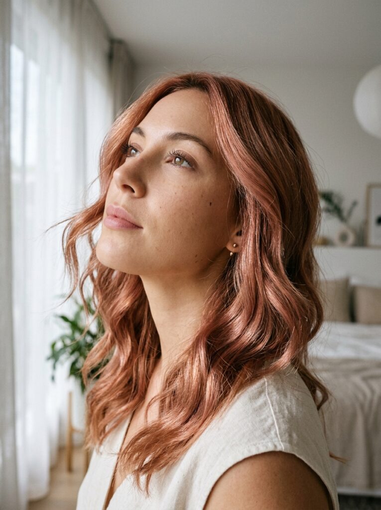 rose copper hair color with pink gold shimmer
