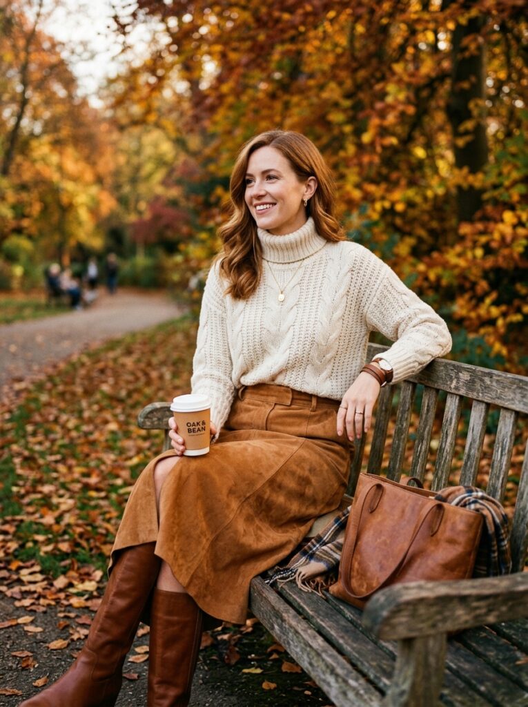 caramel suede a line midi skirt with chunky knit