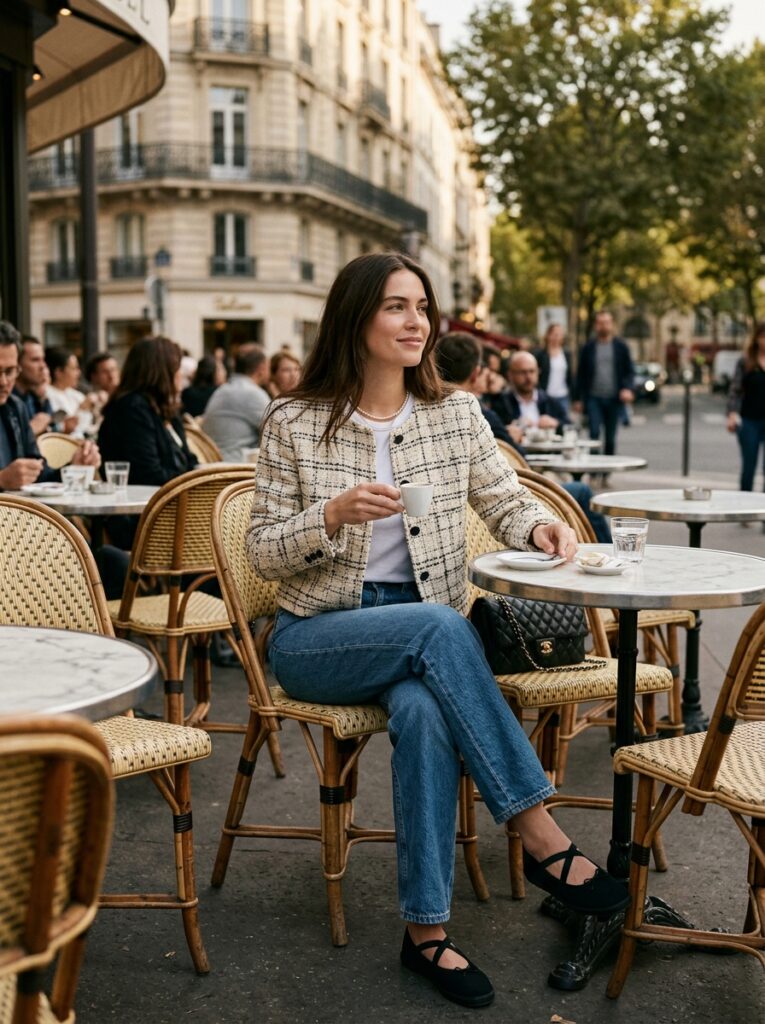 tweed jacket with straight jeans and ballet sneakers