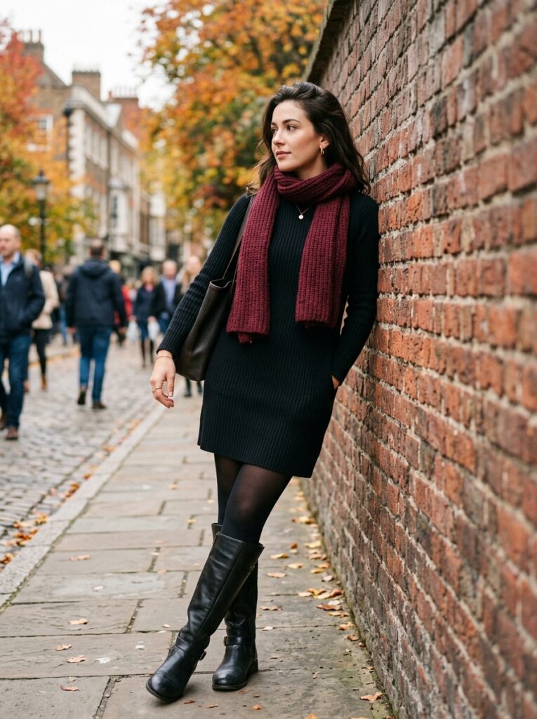 black sweater dress with burgundy scarf and tall riding boots