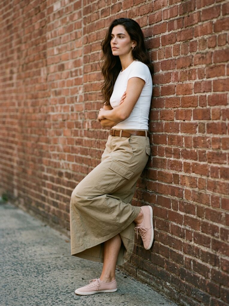 baby tee with cargo skirt and ballet sneakers