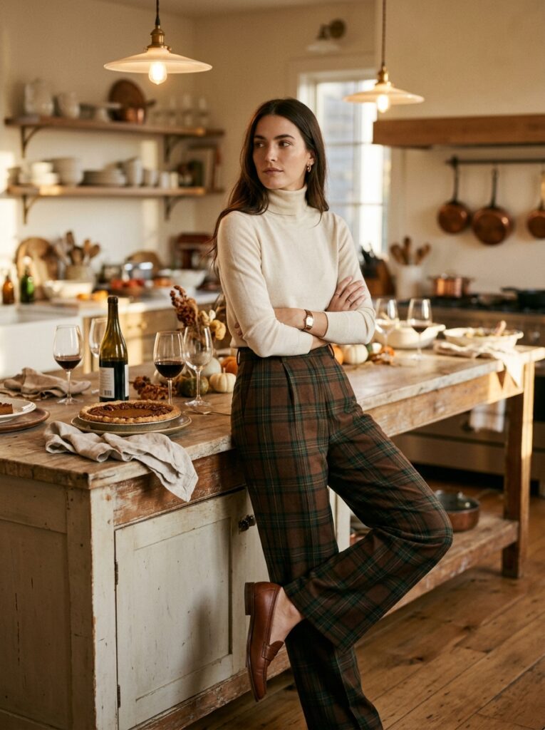 plaid trousers with cream turtleneck thanksgiving outfit