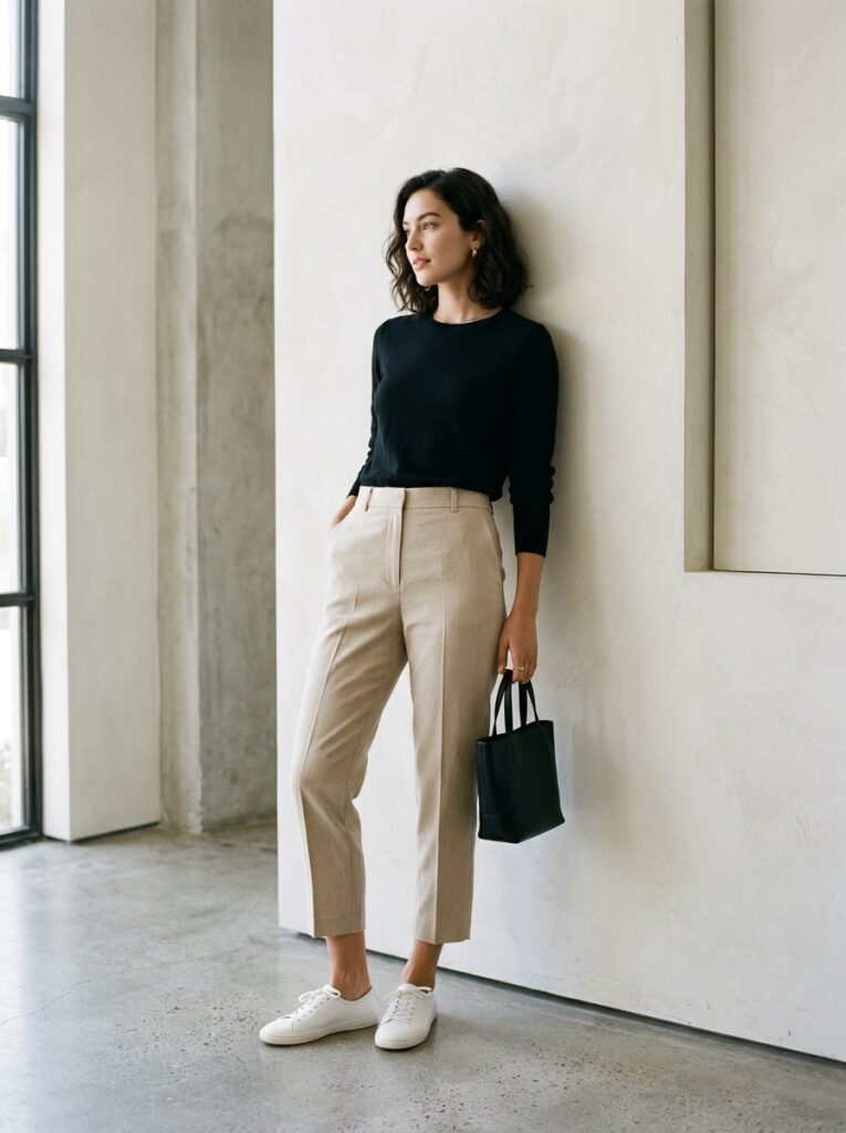 cropped trousers and fine knit with ballet sneakers