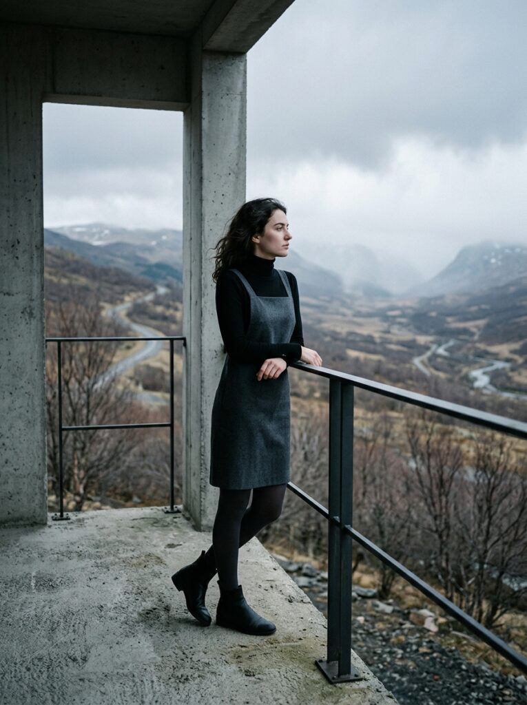 Woman in black turtleneck and grey pinafore dress on minimalist porch.