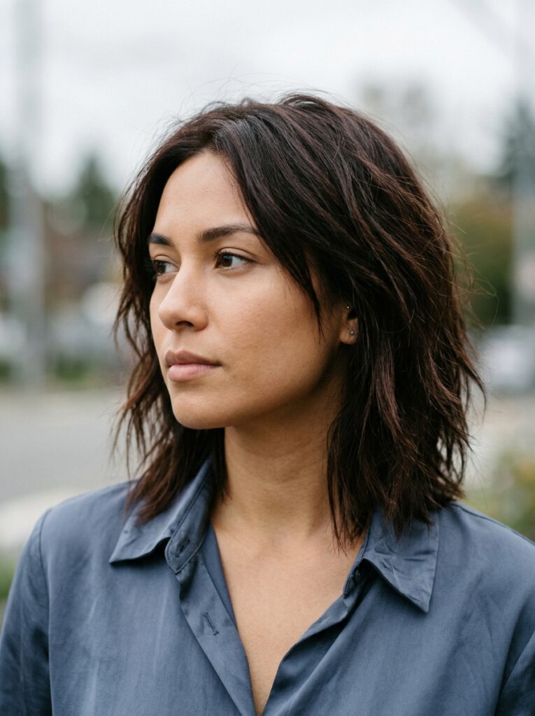 Dark roast texturized choppy lob with visible layers.