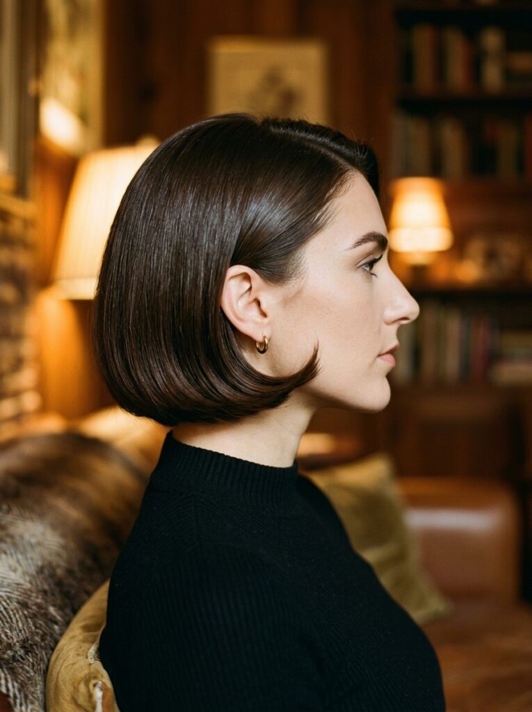 Dark mocha retro flick bob with upturned ends.