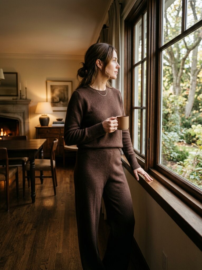Woman in brown cashmere sweater and trousers looks out window.