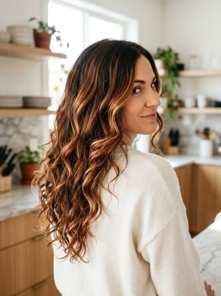 copper and blonde ribbon balayage on curls