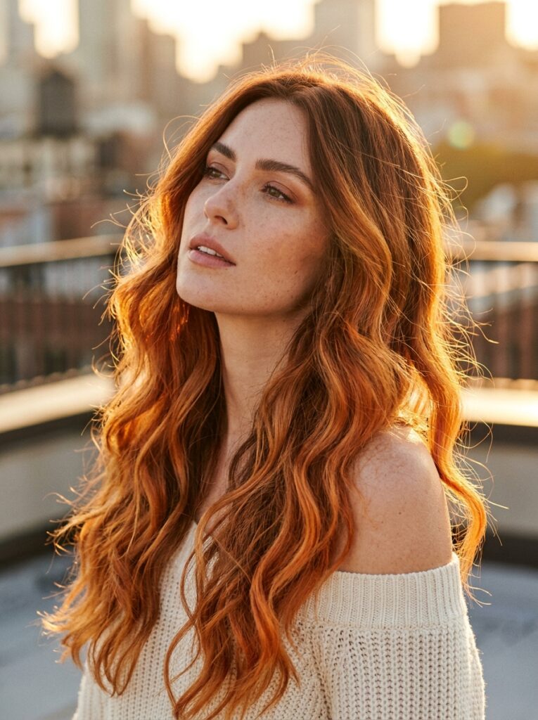 vibrant ginger balayage on long hair