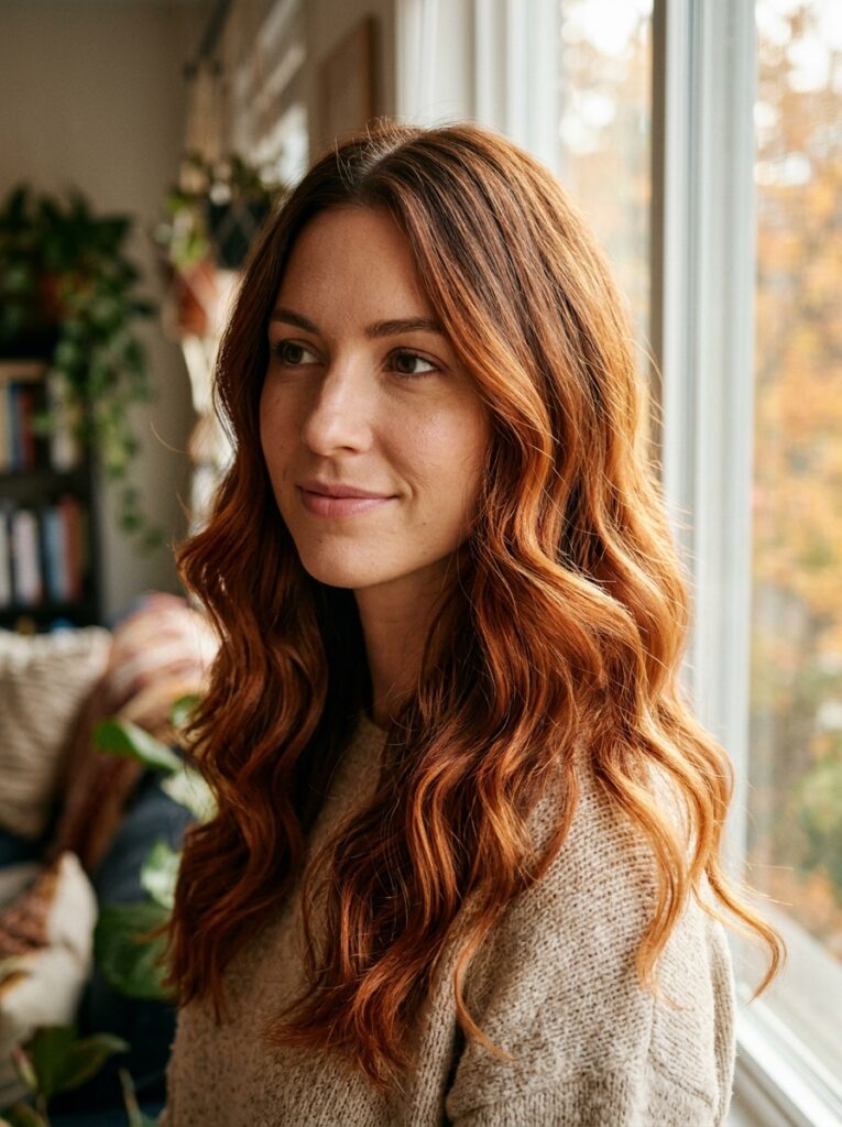 cinnamon spice copper balayage on long waves