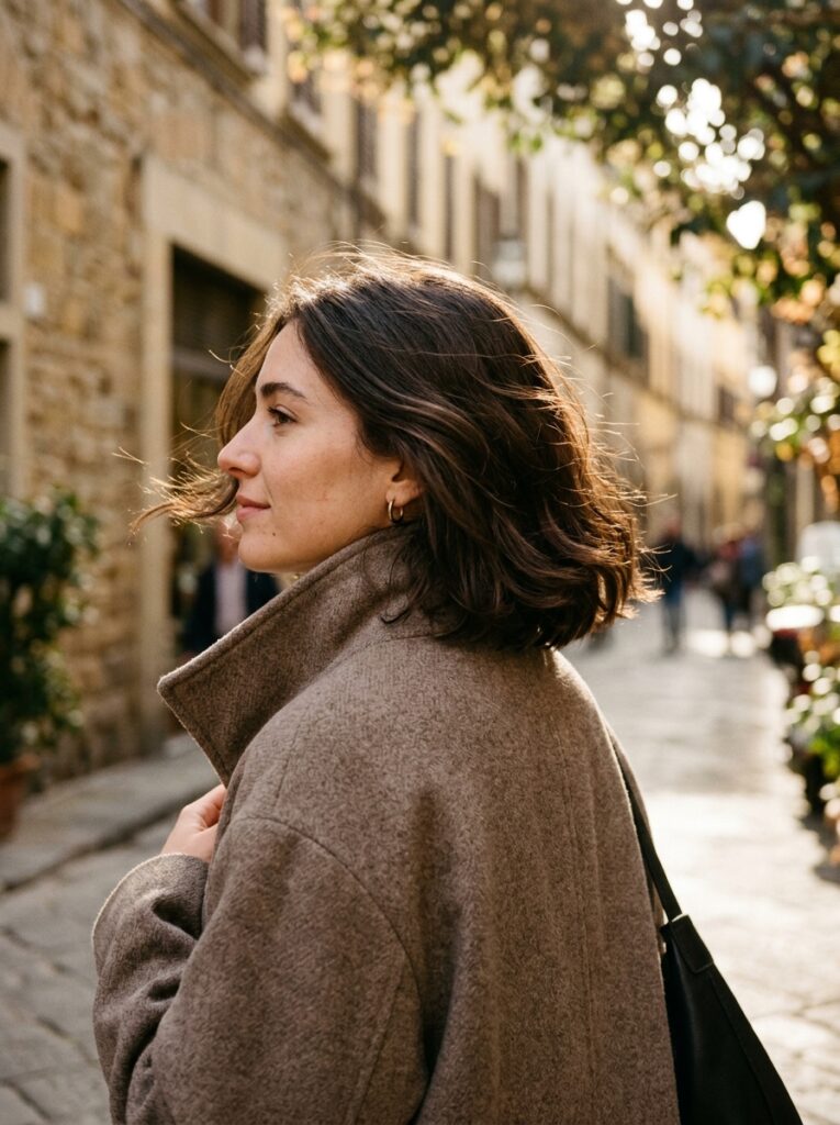 Deep brown Italian bob with soft natural wave texture.