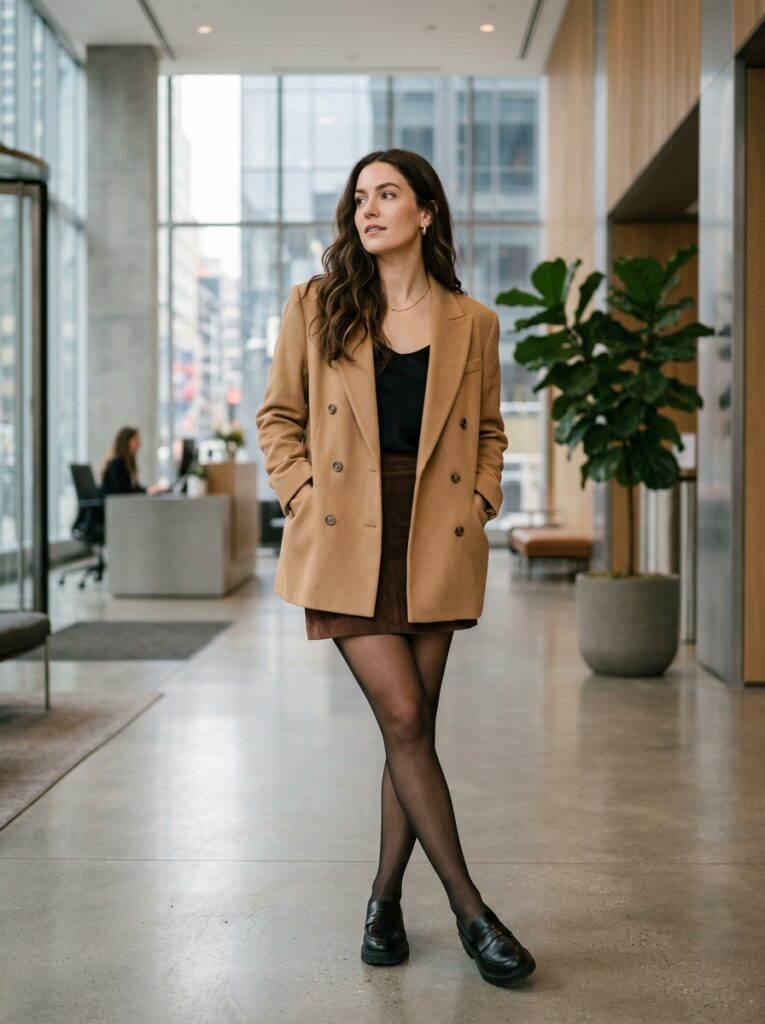 chocolate suede mini skirt with oversized blazer