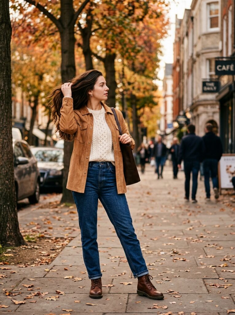 tan suede shacket with fisherman sweater and jeans