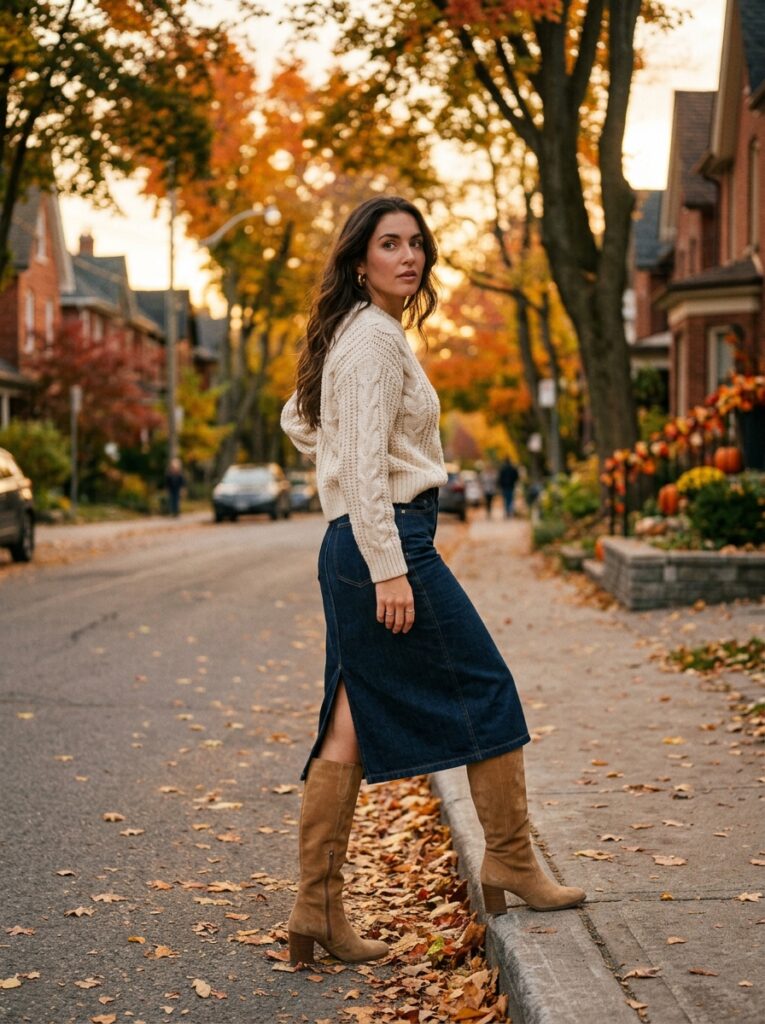tan suede knee high boots with denim skirt