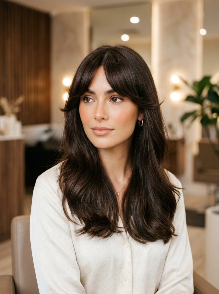 eyebrow grazing curtain bangs on brunette hair