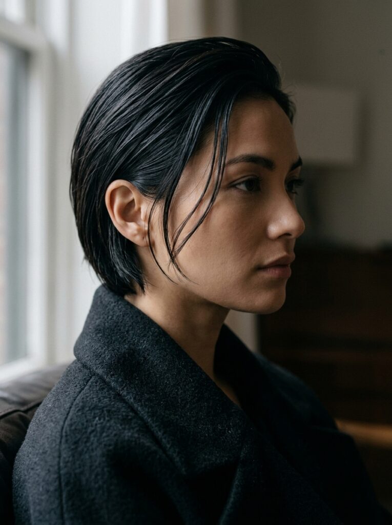 Glossy wet-look black hydro bob combed behind ears.