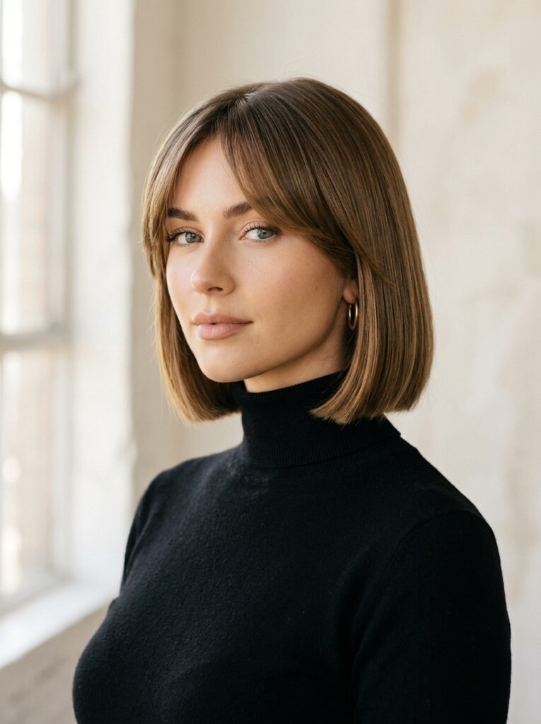 curtain bangs with a chin length bob