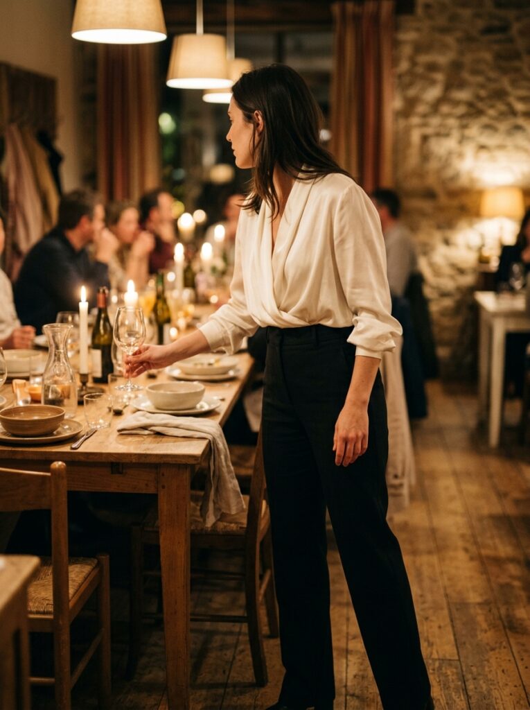 Woman in ivory silk blouse and black trousers reaches for glass.