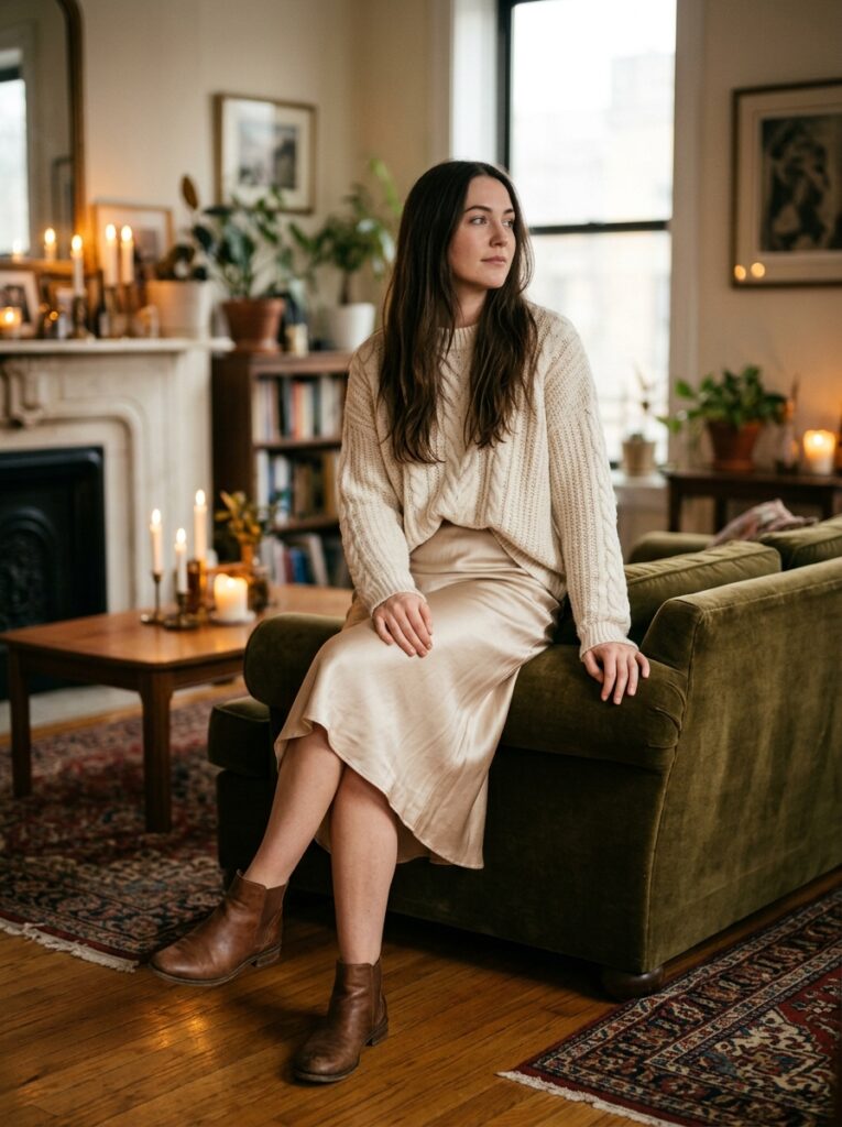 satin midi skirt with cozy knit sweater