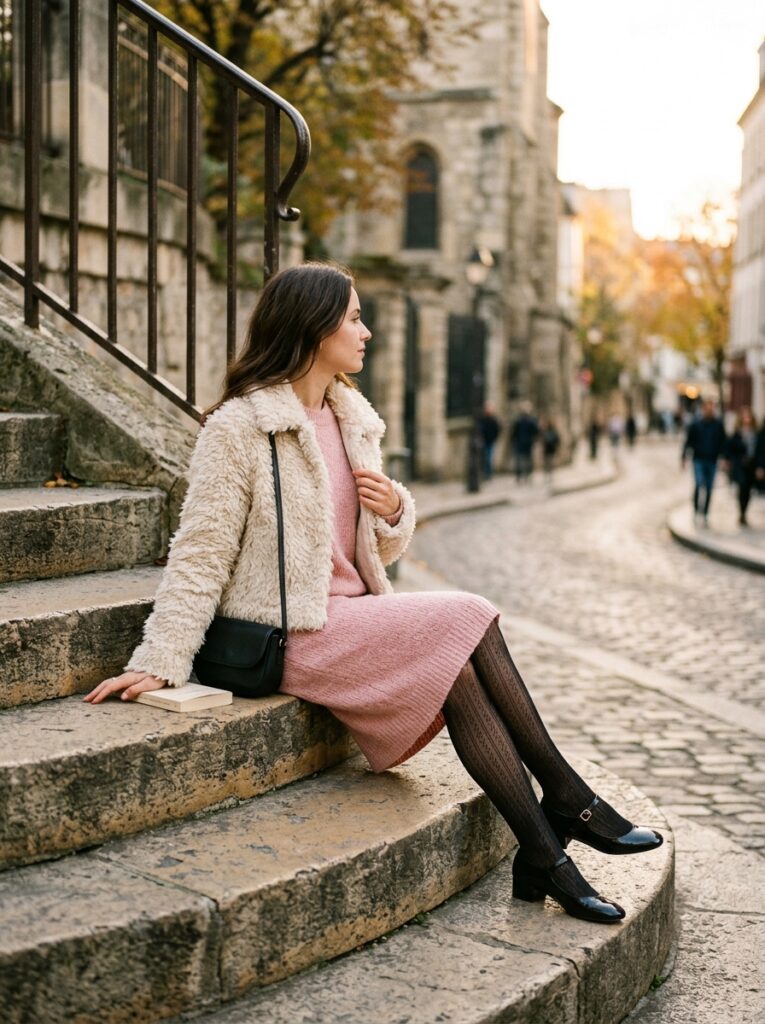 soft pink sweater dress with cropped wool jacket and mary janes