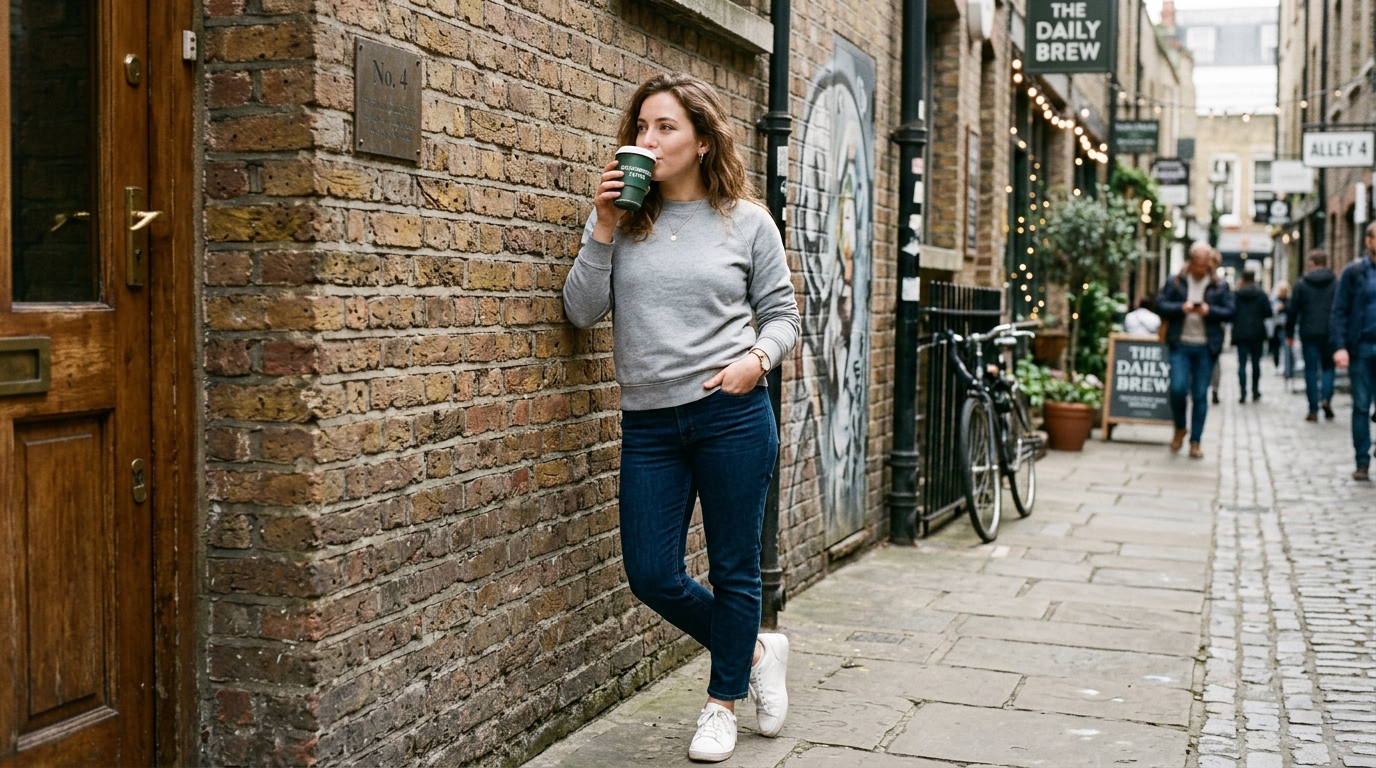 woman sipping coffee leaning on brick wall