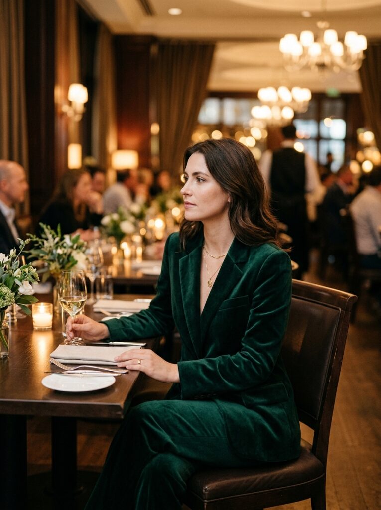 Woman in tailored emerald velvet suit sits at formal dining table.