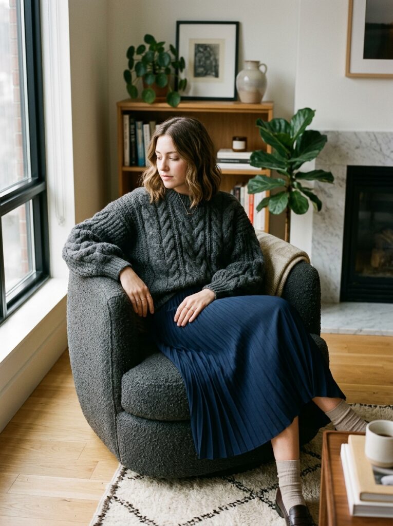Woman in chunky grey sweater and blue pleated skirt sits in armchair.