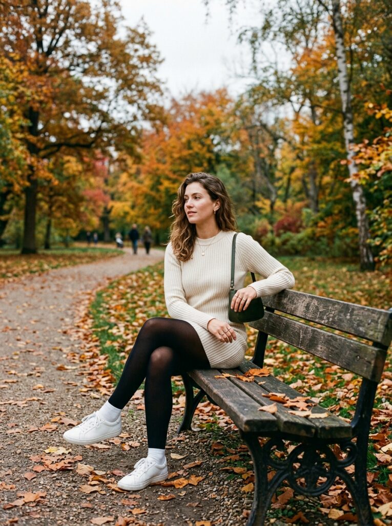 ribbed sweater dress with tights and ballet sneakers