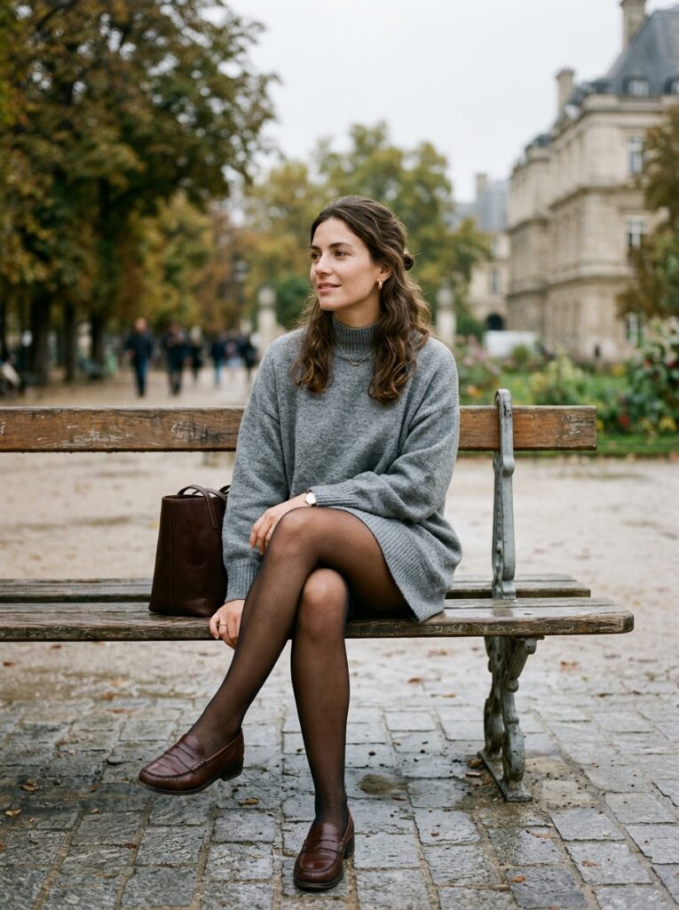 slouchy mini sweater dress with sheer tights and loafers