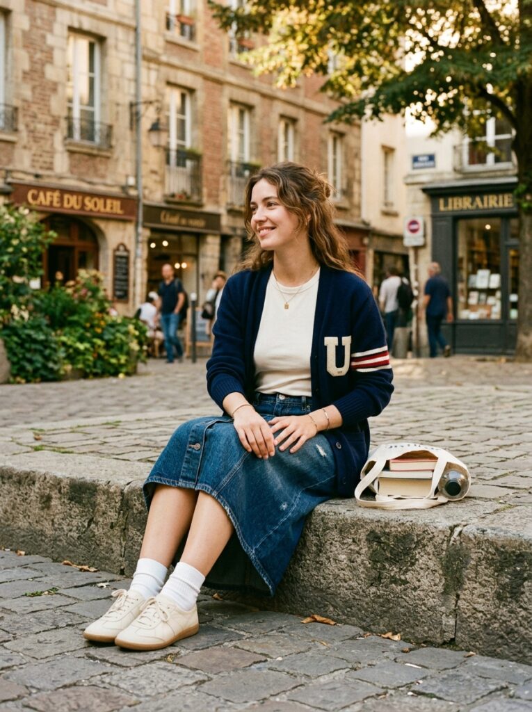 denim skirt with visible socks and ballet sneakers