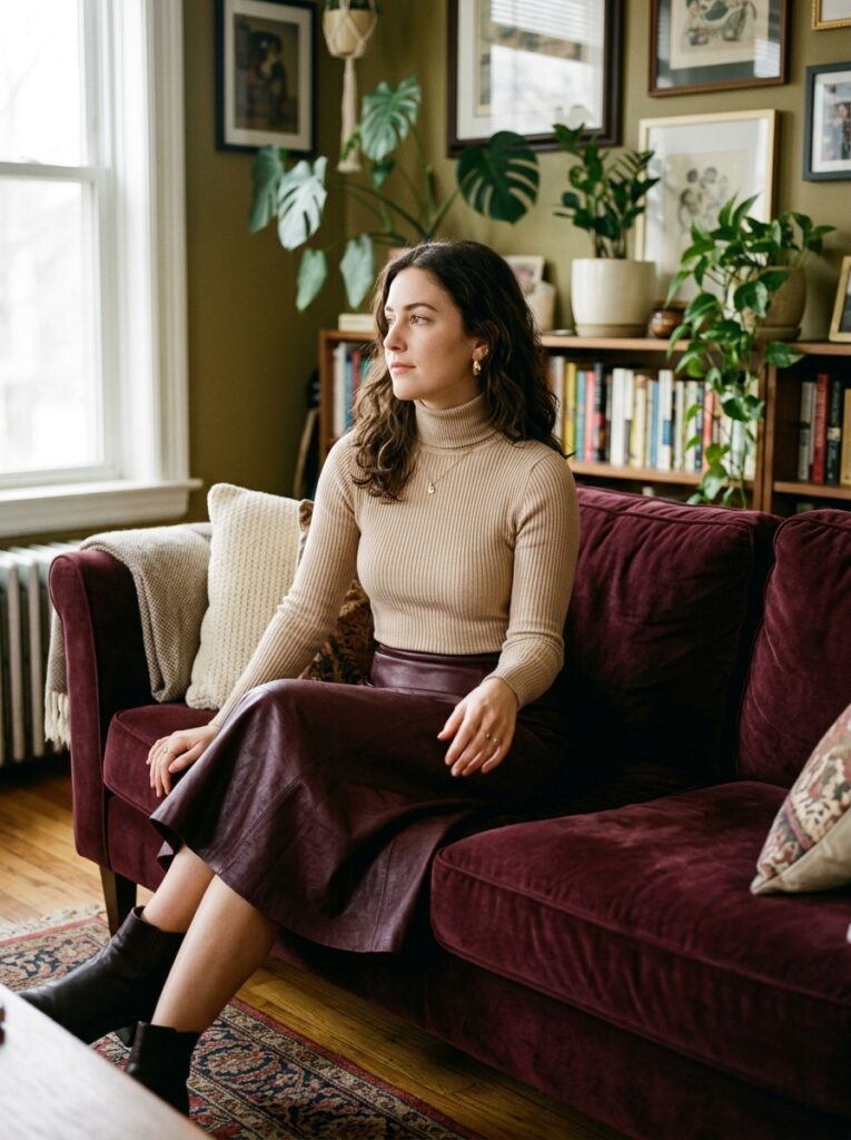 Woman in beige turtleneck and burgundy leather skirt sits on sofa.