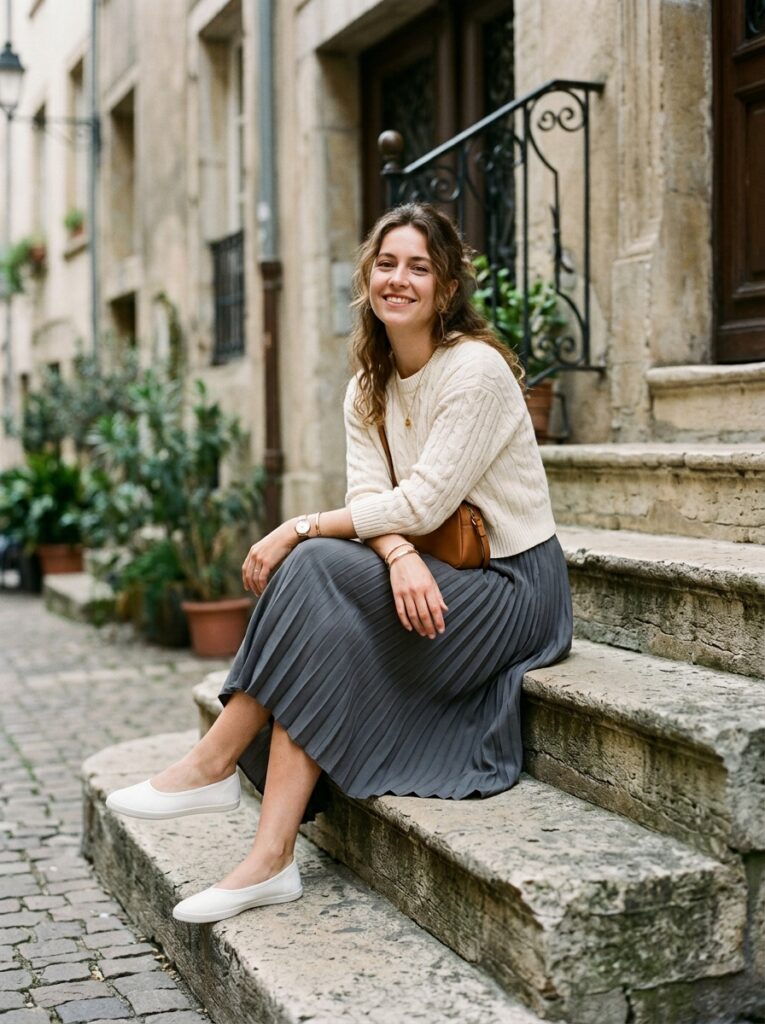 midi skirt with white ballet sneakers outfit