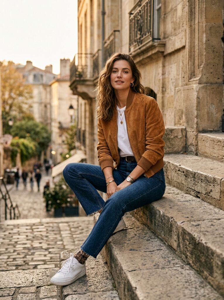 cropped tan suede bomber jacket with straight jeans