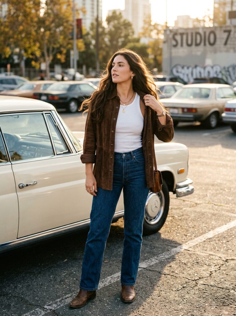 suede overshirt over white tank and jeans