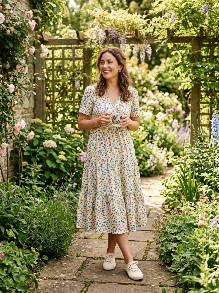 floral midi dress with cream ballet sneakers