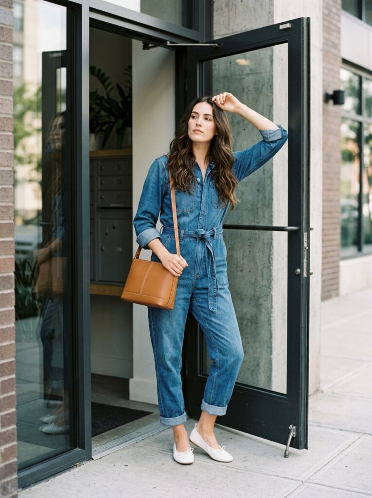 belted denim jumpsuit with white ballet sneakers