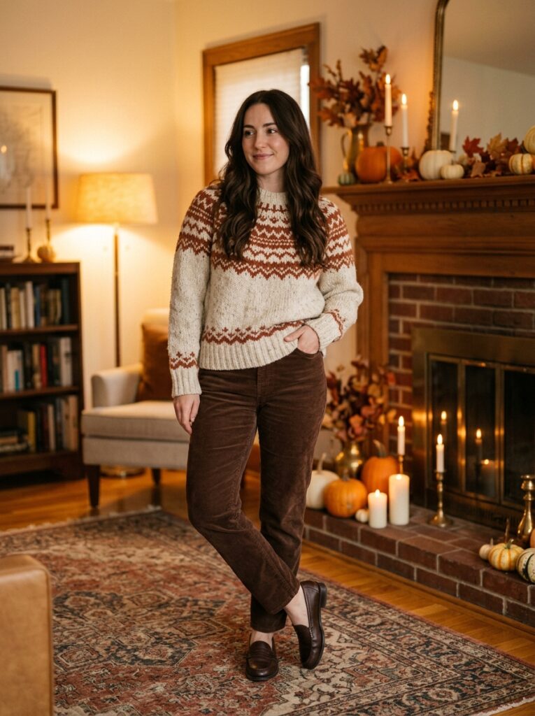fair isle sweater with corduroy pants thanksgiving outfit