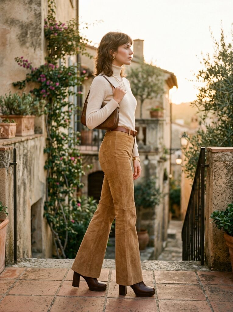 high waisted suede flare pants with cashmere turtleneck