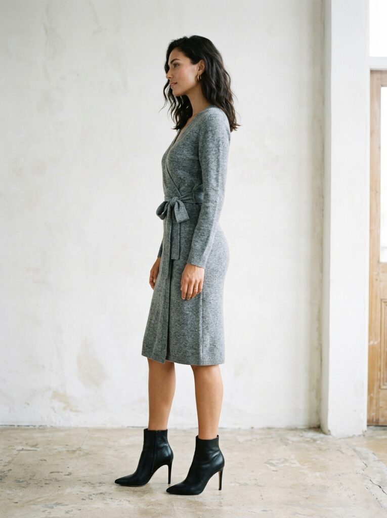 heather grey wrap sweater dress with stiletto booties