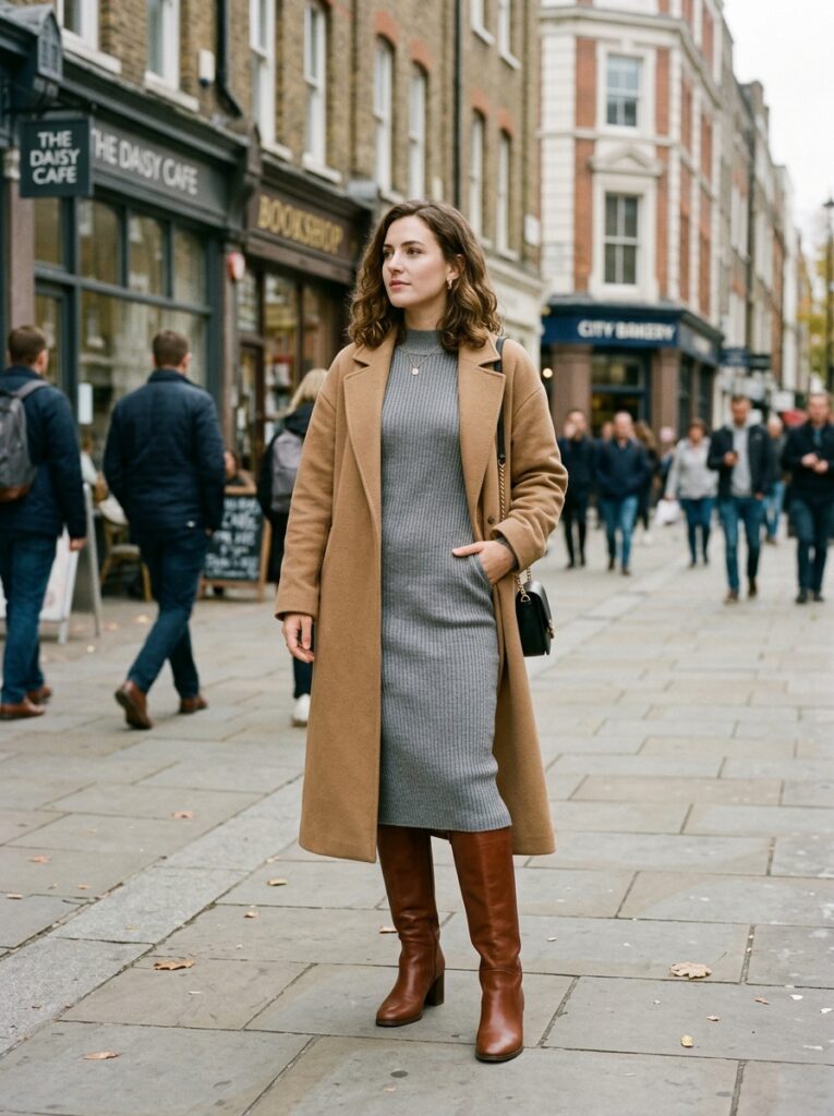 gray sweater dress with long camel coat and knee high boots