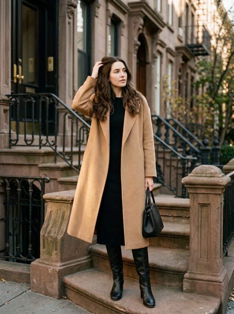 camel coat over black knit dress with knee high boots