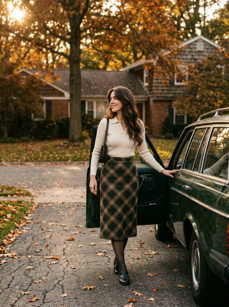knit polo with plaid midi skirt and loafers