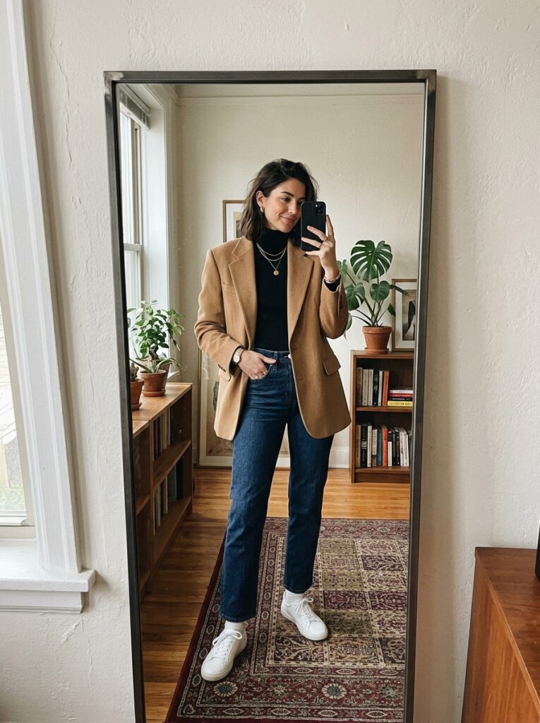 oversized blazer and jeans with ballet sneakers