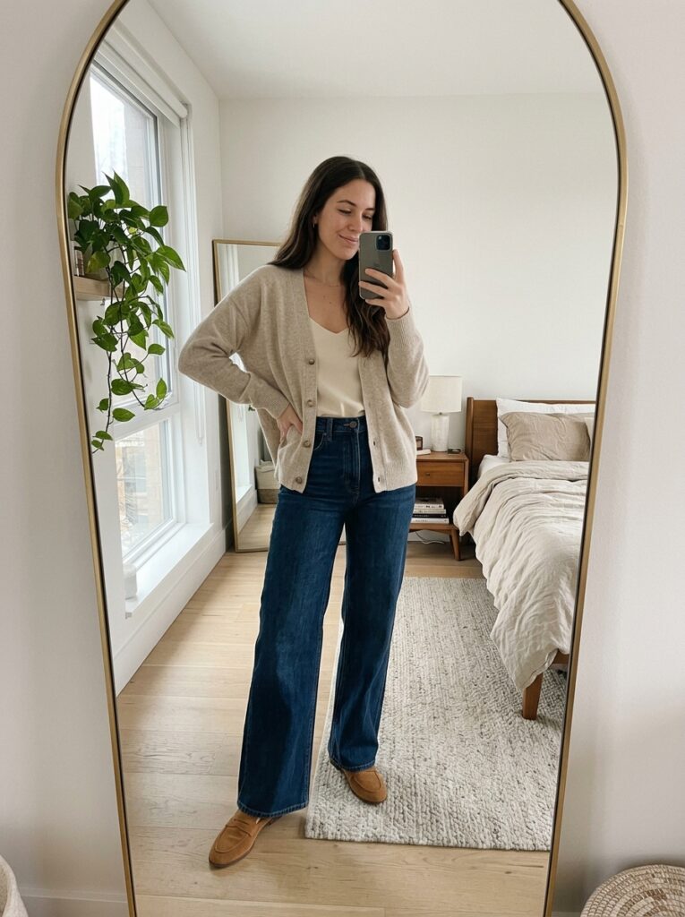 cashmere cardigan with wide leg jeans thanksgiving outfit