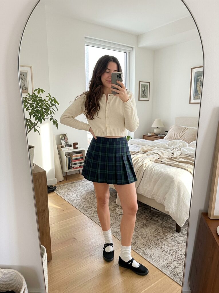 plaid mini skirt with cropped cardigan and ballet sneakers