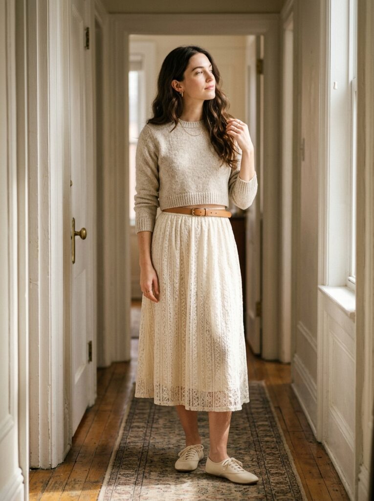 lace midi skirt with cropped sweater and ballet sneakers