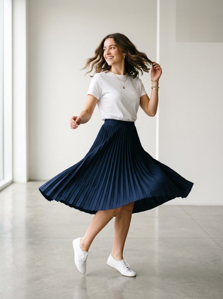 pleated midi skirt with ballet sneakers